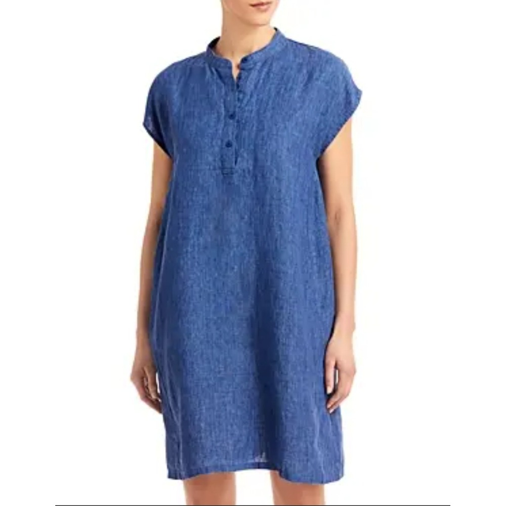 Eileen Fisher Organic Linen Shift Dress Medium Short Sleeve Pocket Minimalist